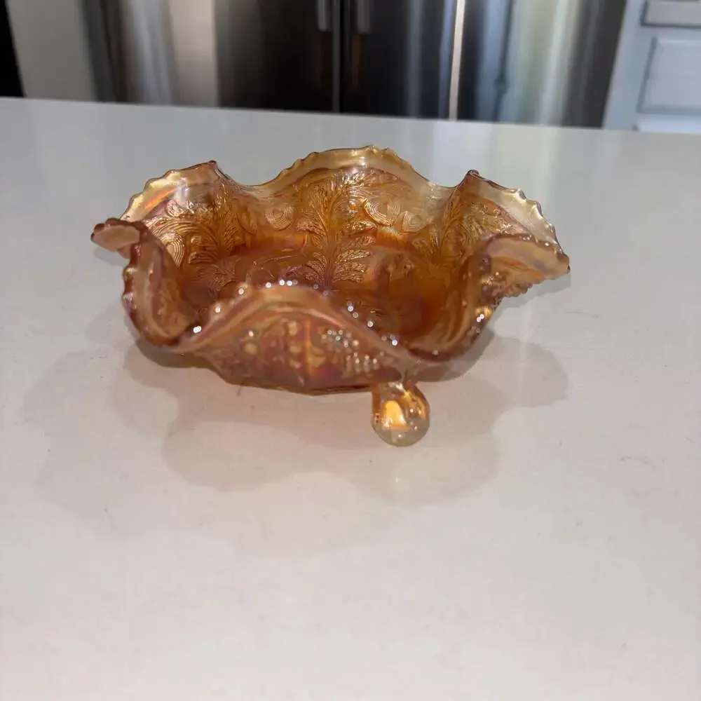 Fenton Antique Marigold Carnival Glass Panther Pattern 3-Footed Ruffled Bowl